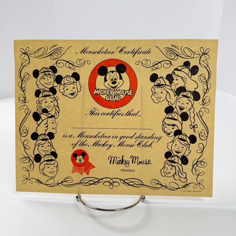 Disney Mickey Mouse Club Mouseketeer Certificate Vintage Walt Disney Productions
